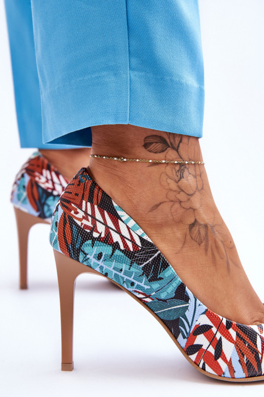 Fashionable Leather High Heels Lewski Shoes 2659 Green-Blue