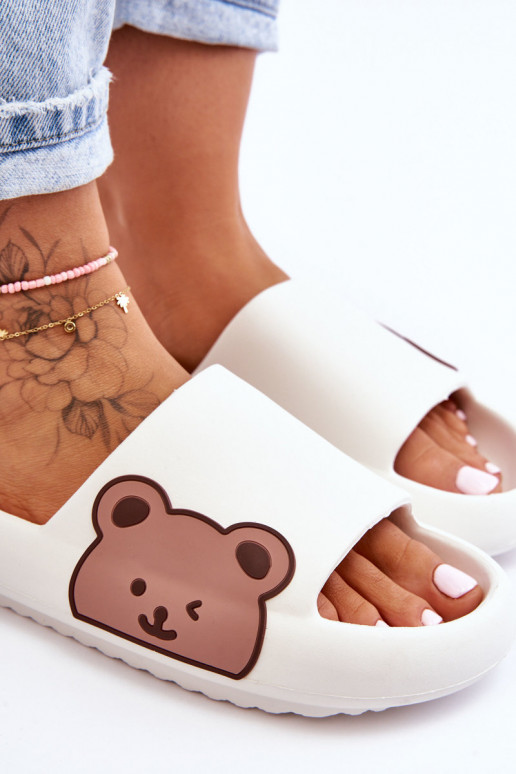 Damskie Lekkie Piankowe Klapki Motyw Misia Białe Parisso