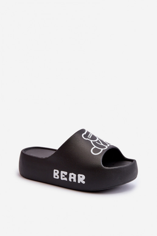 Women's Foam Slides on Chunky Sole with Bear Black Lamira