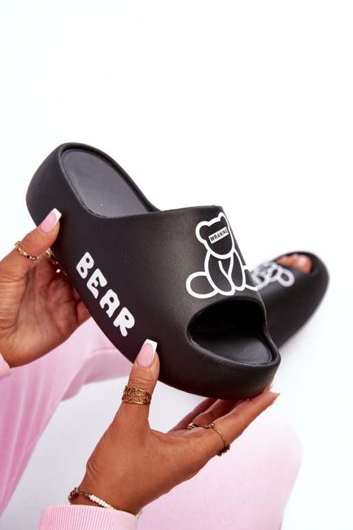 Women's Foam Slides on Chunky Sole with Bear Black Lamira