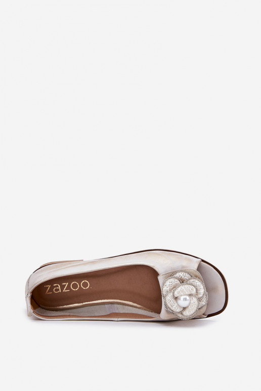 Leather Ballerinas With Open Toes And Flower Zazoo 1870 Distressed Gold