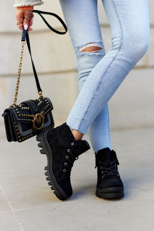 Suede Trapper Boots Tiered Black Dalles