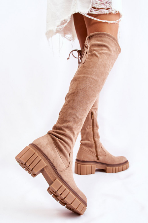 Zamszowe Damskie Kozaki Za Kolano Beżowe Cheera