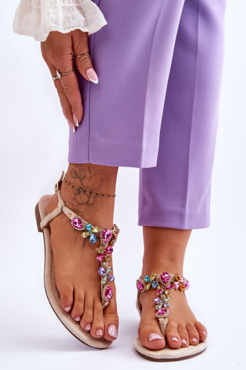 Zamszowe Sandały JaponkiwithKamieniami Beżowe Frency