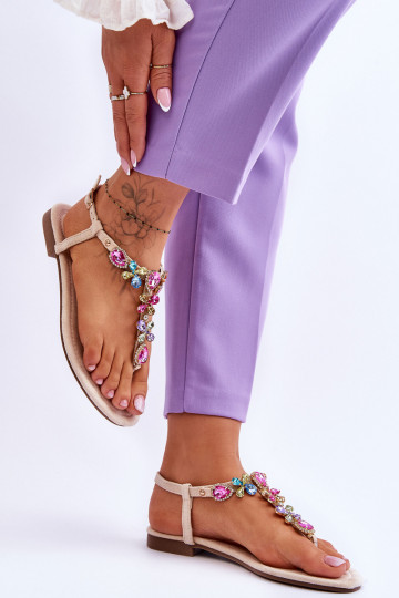 Suede Flip Flops With Stones Beige Frency 2