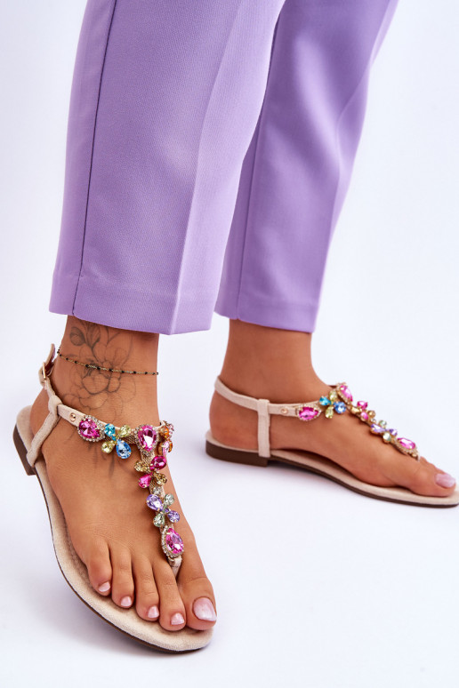 Zamszowe Sandały JaponkiwithKamieniami Beżowe Frency