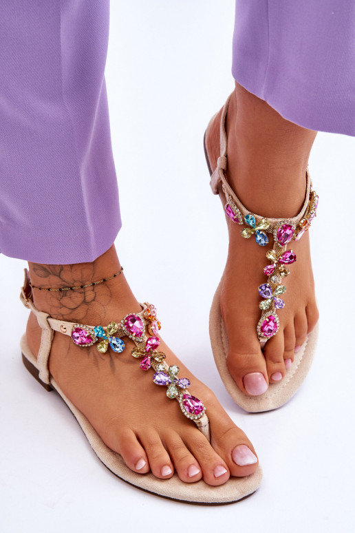 Suede Flip Flops With Stones Beige Frency