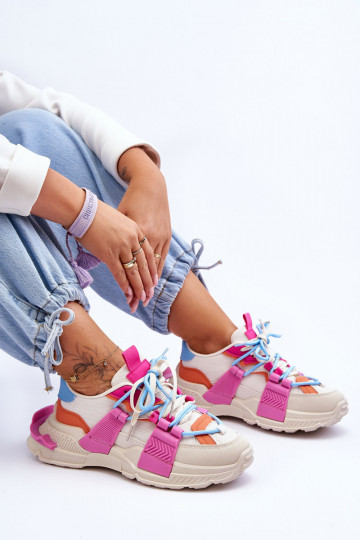 Damskie Modne Buty Sportowe Sznurowane Beżowo-Różowe Chillout! 2