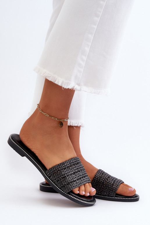 Women's Sandals with Woven Strap on Flat Heel Black Radians