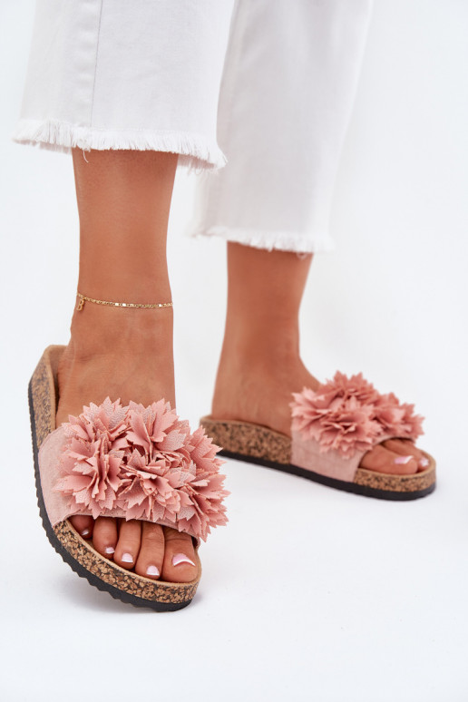 Women's Cork Sole Slippers With Flowers Pink Ferenza