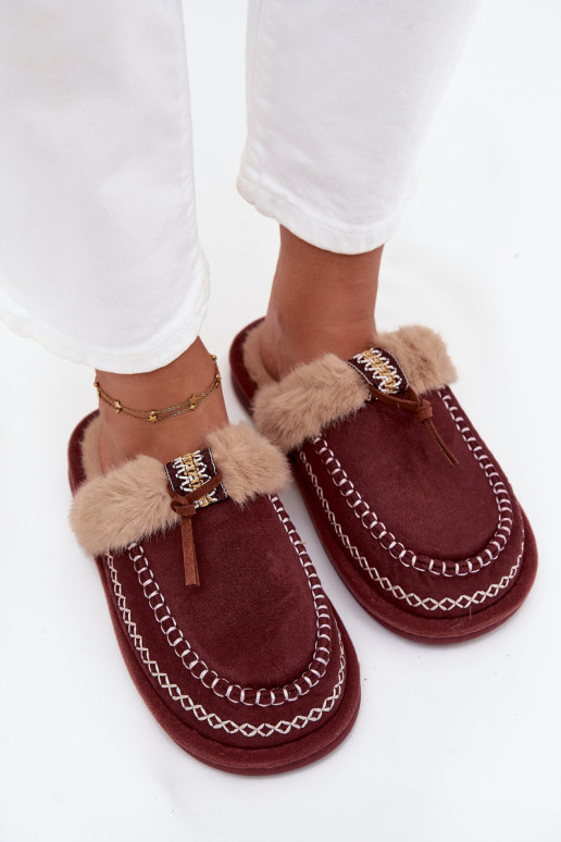 Women's slippers with fur and embroidery burgundy Perivelle