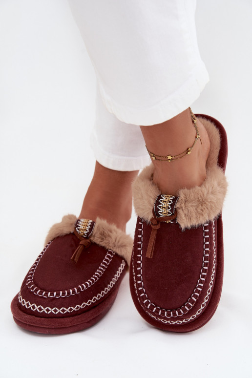 Women's slippers with fur and embroidery burgundy Perivelle