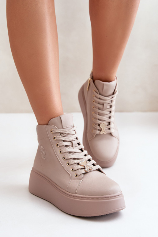 High Women's Leather Sneakers On Platform Vinceza 66707 Beige