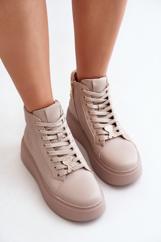 High Women's Leather Sneakers On Platform Vinceza 66707 Beige