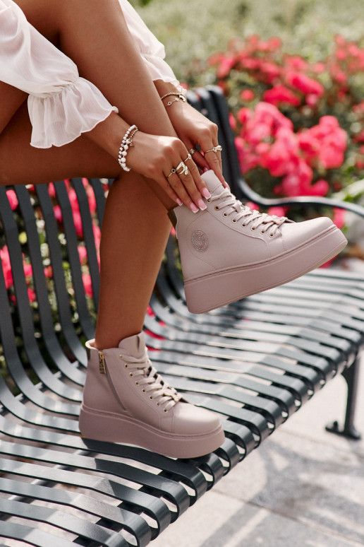 High Women's Leather Sneakers On Platform Vinceza 66707 Beige