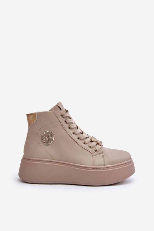 High Women's Leather Sneakers On Platform Vinceza 66707 Beige