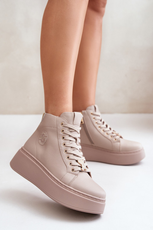 High Women's Leather Sneakers On Platform Vinceza 66707 Beige