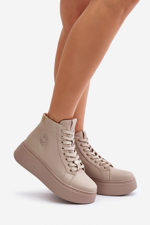 High Women's Leather Sneakers On Platform Vinceza 66707 Beige