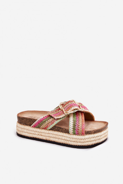 Ladies Platform Slippers With Weaving And Golden Buckle Multicolor Filazzia