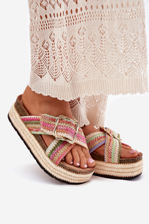 Ladies Platform Slippers With Weaving And Golden Buckle Multicolor Filazzia