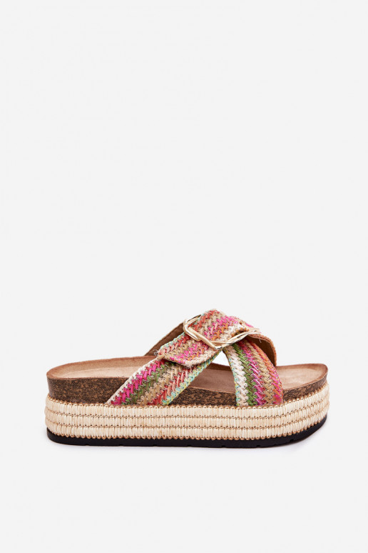 Ladies Platform Slippers With Weaving And Golden Buckle Multicolor Filazzia