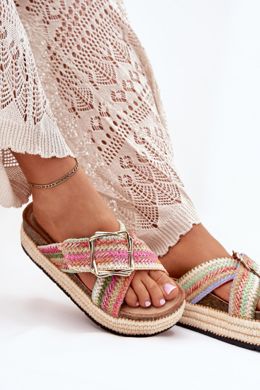 Ladies Platform Slippers With Weaving And Golden Buckle Multicolor Filazzia