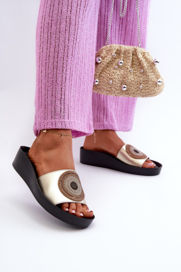 Skórzane Klapki DamskiewithOzdobą S.Barski KV27-019 Złote 2