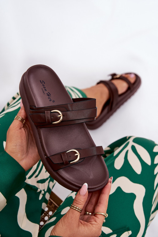 Women's Platform Sandals With Golden Buckles Brown Wernone