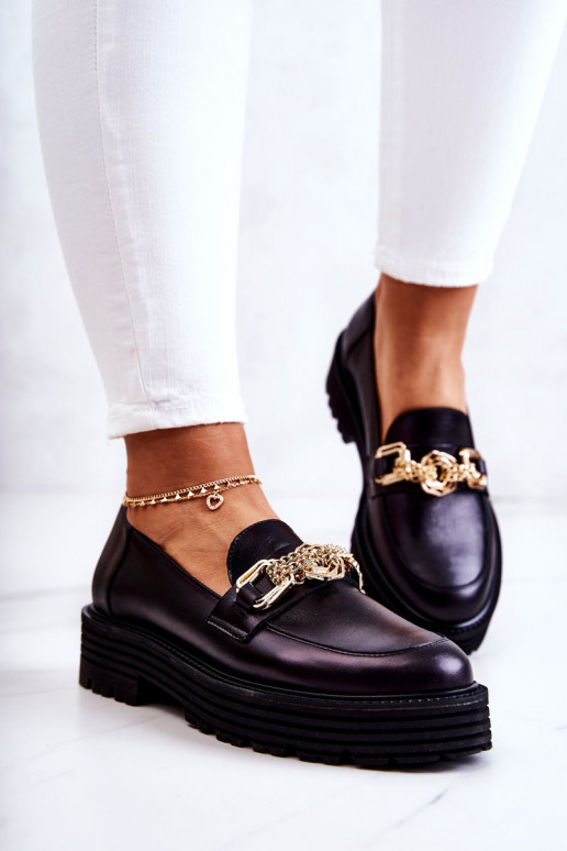 Women's Brogues Shoes Leather Golden Decoration Laura Messi 2383 Black