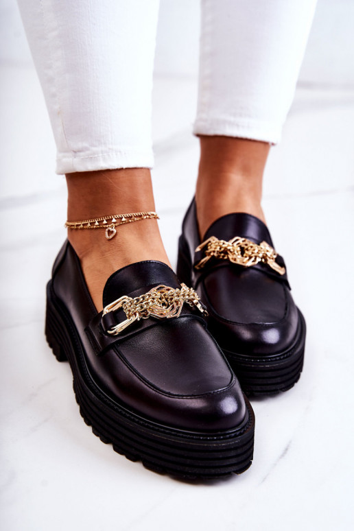 Damskie Półbuty Złota Ozdoba Skórzane Laura Messi 2383 Czarne