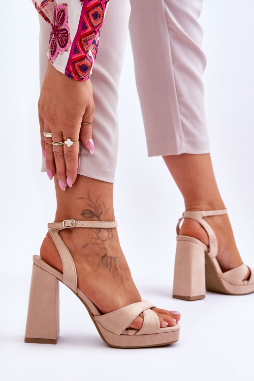 Suede Square Heel Sandals Beige Powerful