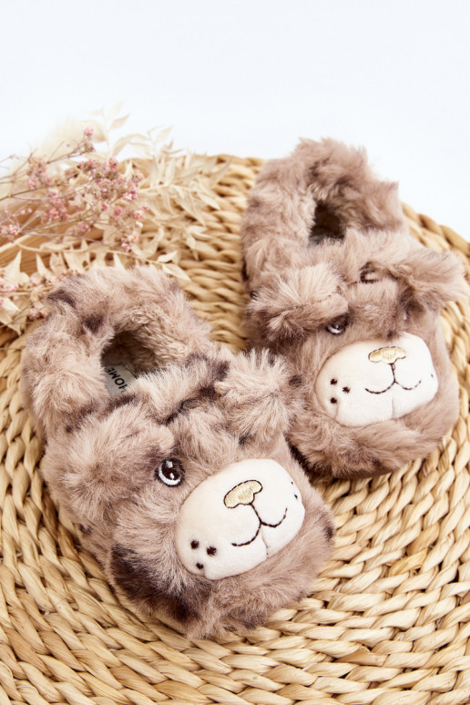 Children's furry slippers with bear dark beige Apolanie