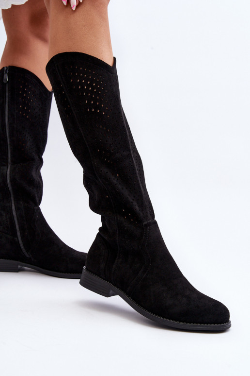 S.Barski HY66-150 Black Cut-Out Boots with Flat Heel
