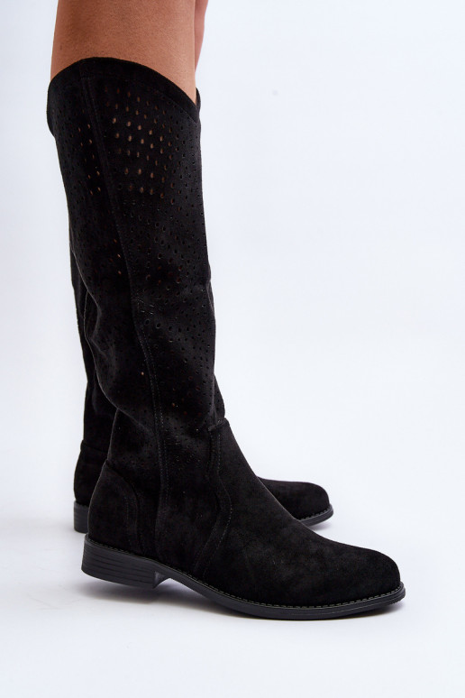 S.Barski HY66-150 Black Cut-Out Boots with Flat Heel