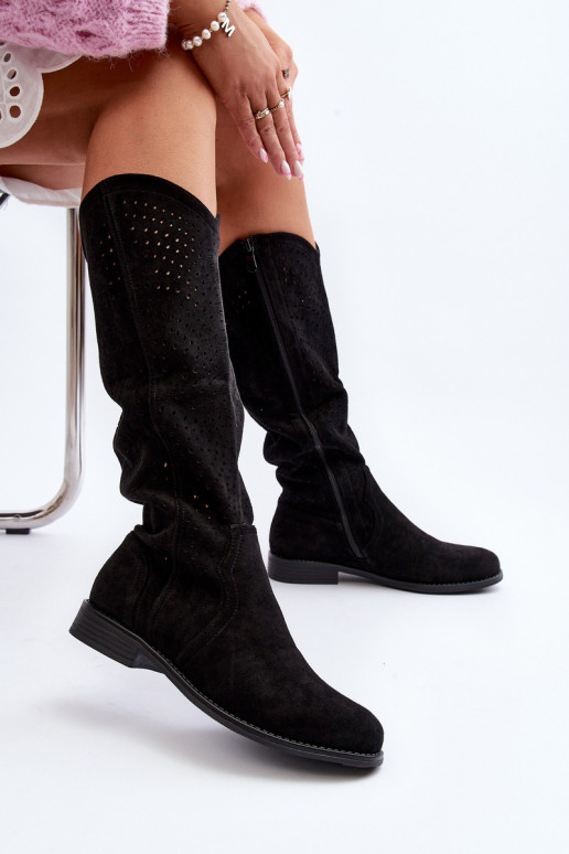 S.Barski HY66-150 Black Cut-Out Boots with Flat Heel