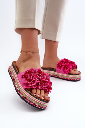 Women's Platform Sandals Decorated with Flowers Fuchsia Nodina