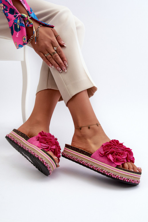 Klapki Damskie Na Platformie Ozdobione Kwiatkami Fuksja Nodina