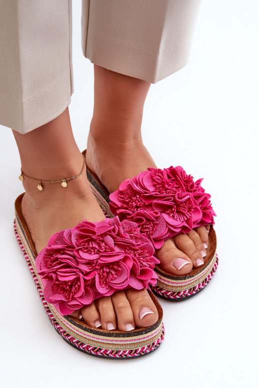 Women's Platform Sandals Decorated with Flowers Fuchsia Nodina