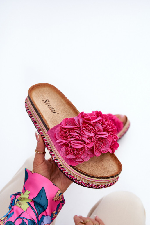 Women's Platform Sandals Decorated with Flowers Fuchsia Nodina