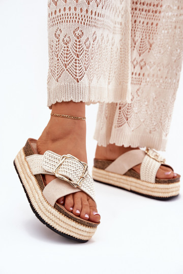 Women's Platform Slippers With Weaving And Golden Buckle Beige Filazzia