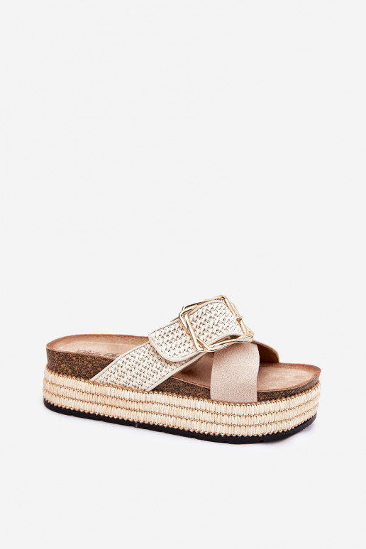 Women's Platform Slippers With Weaving And Golden Buckle Beige Filazzia