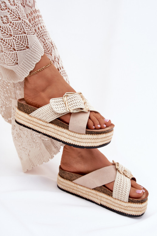 Women's Platform Slippers With Weaving And Golden Buckle Beige Filazzia