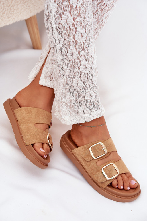 Womens Platform Sandals With Golden Buckles Camel Verena