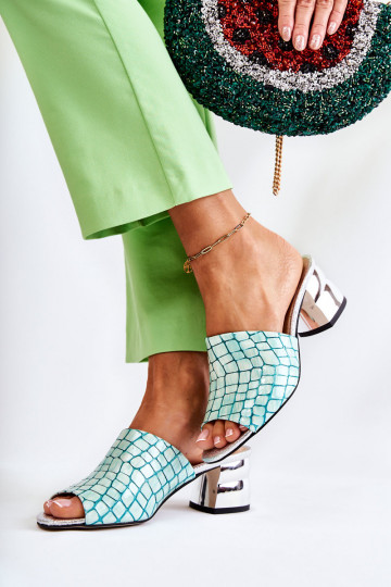 Leather Women's Slippers Crocodile pattern On Heel Light green Perry 2