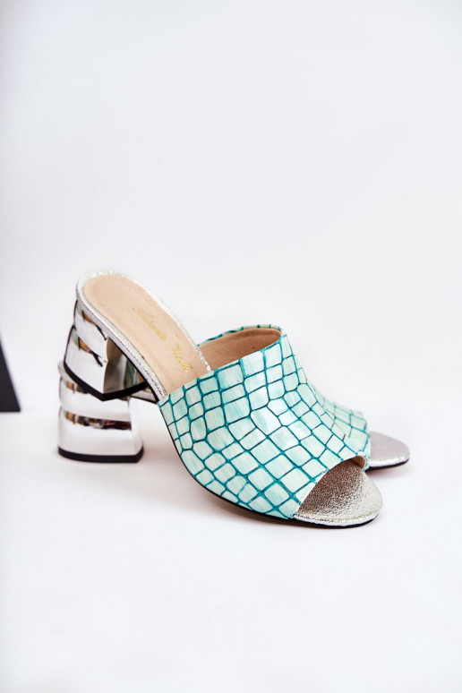 Leather Women's Slippers Crocodile pattern On Heel Light green Perry