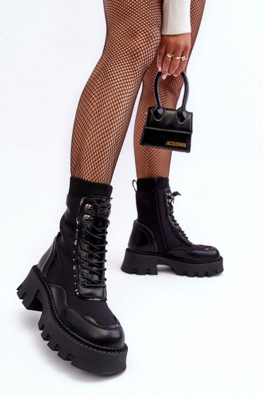 Leather Laced Chunky Boots Women's Black Seloma