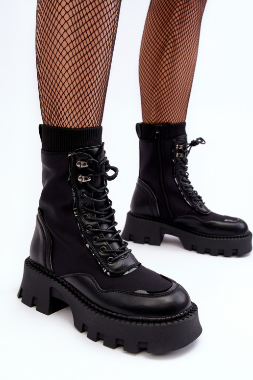 Skórzane Szurowane Masywne Workery Botki Damskie Czarne Seloma