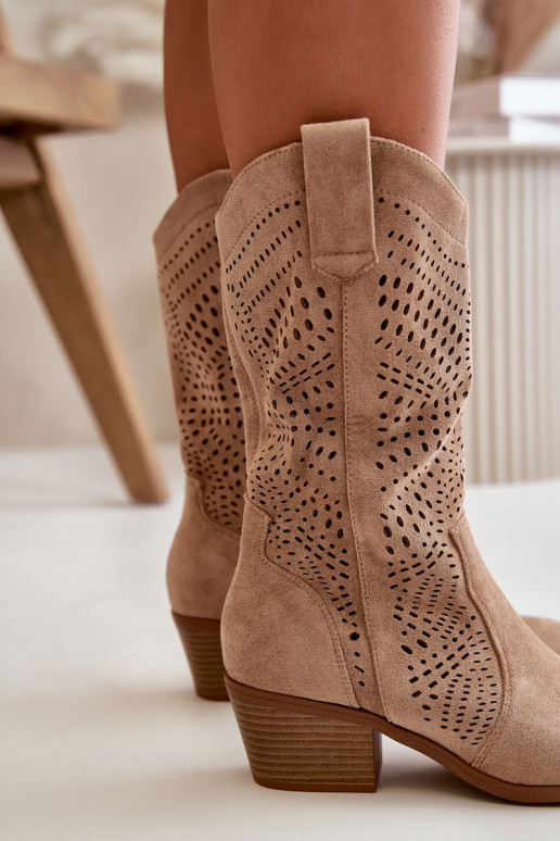 Ażurowe Damskie Botki Kowbojki Na Obcasie Brązowe Iceda