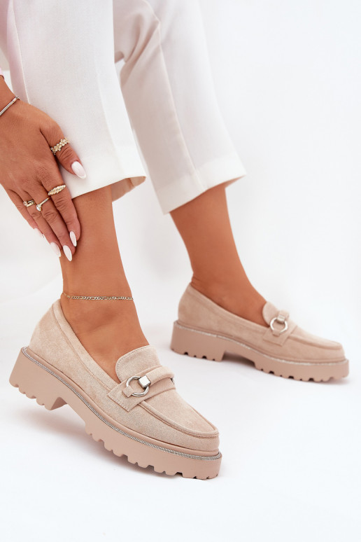 Women's Moccasins Decorated with Rhinestones Beige Patina