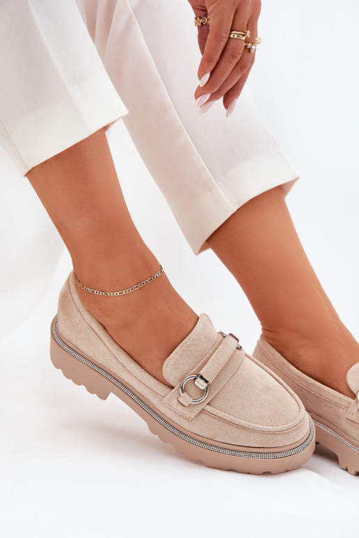 Women's Moccasins Decorated with Rhinestones Beige Patina
